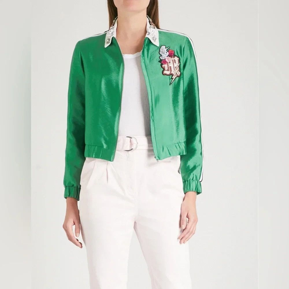 Maje Embellished Green Track Jacket RHOM Alexia Nepola Size 36 Bomber Sporty Lux